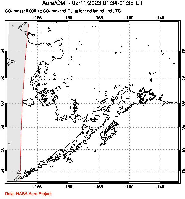 A sulfur dioxide image over Alaska, USA on Feb 11, 2023.
