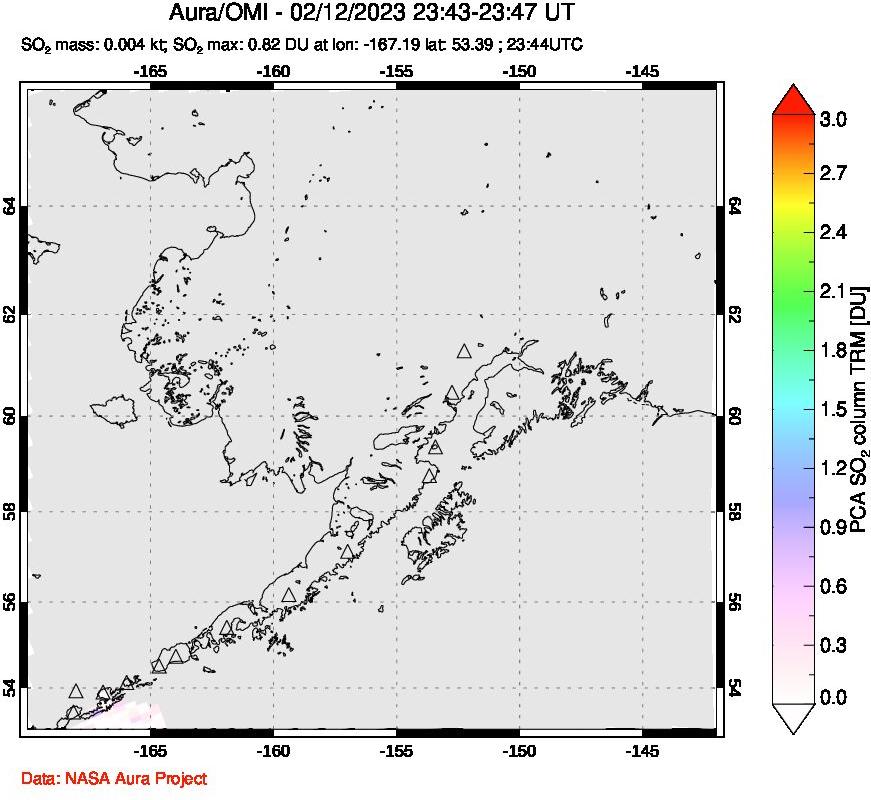 A sulfur dioxide image over Alaska, USA on Feb 12, 2023.