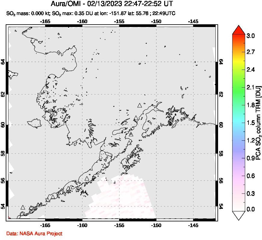 A sulfur dioxide image over Alaska, USA on Feb 13, 2023.