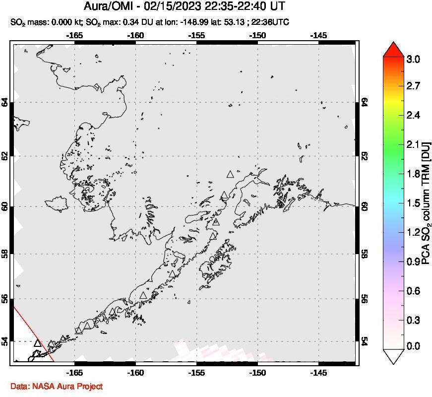 A sulfur dioxide image over Alaska, USA on Feb 15, 2023.