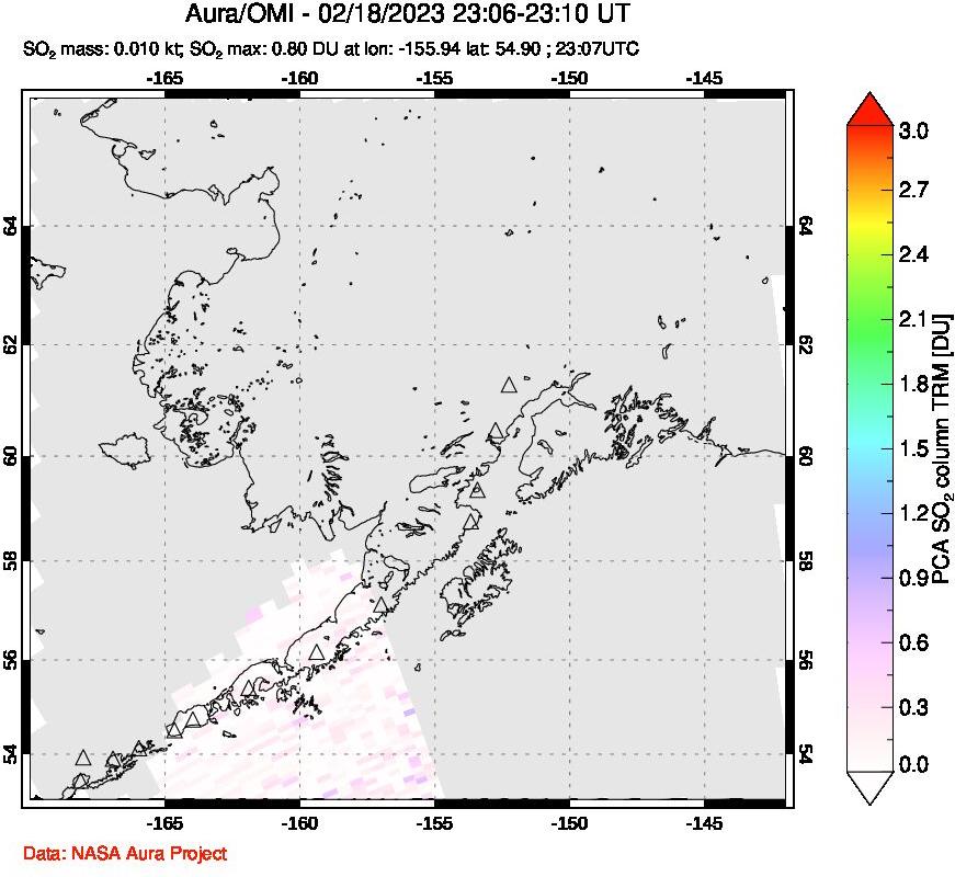 A sulfur dioxide image over Alaska, USA on Feb 18, 2023.
