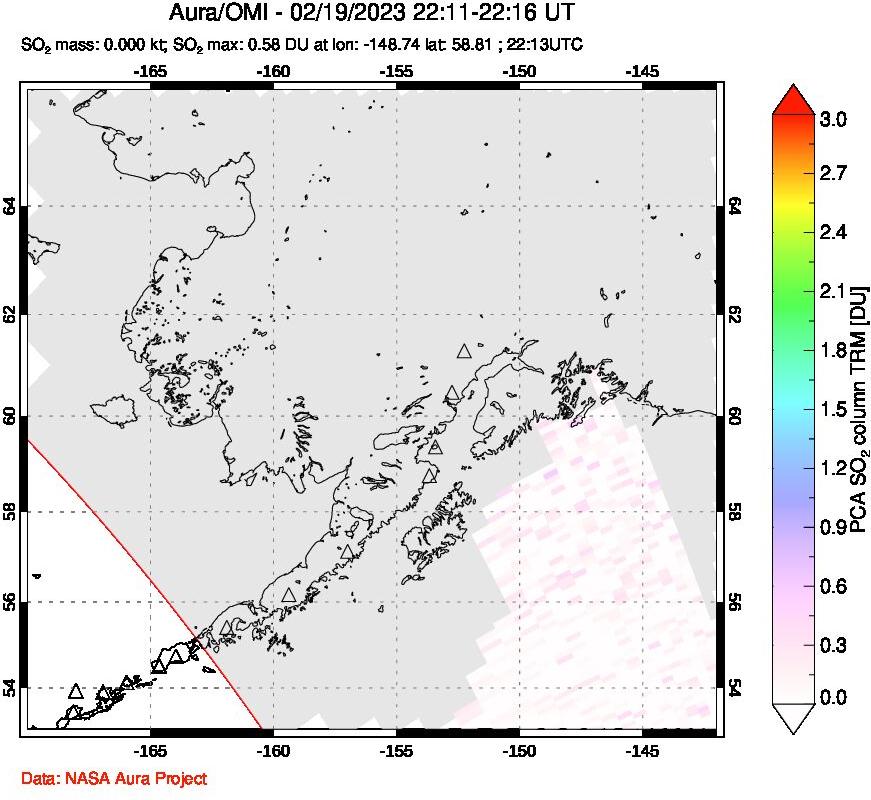 A sulfur dioxide image over Alaska, USA on Feb 19, 2023.