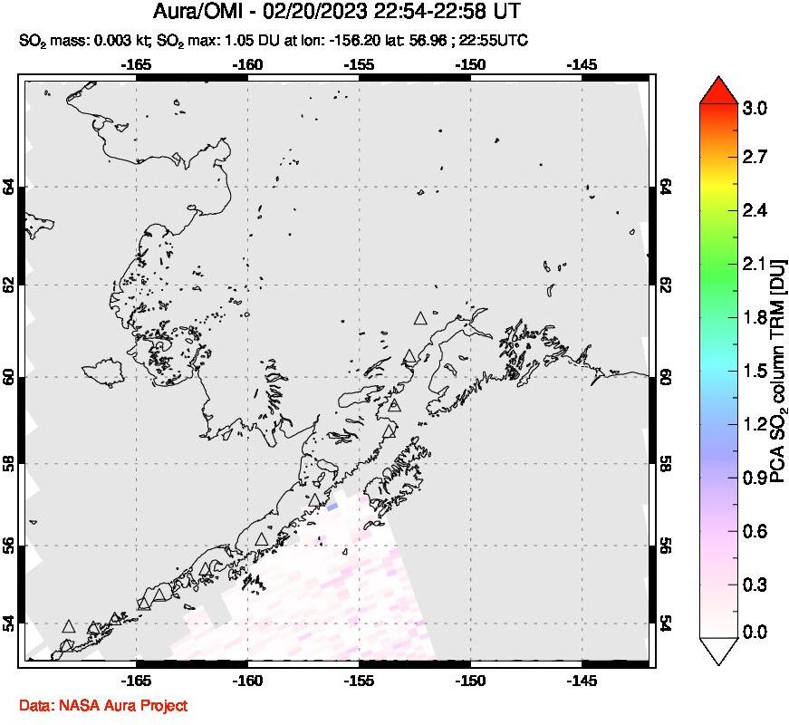 A sulfur dioxide image over Alaska, USA on Feb 20, 2023.