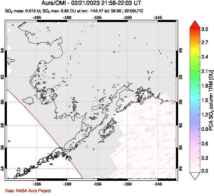 A sulfur dioxide image over Alaska, USA on Feb 21, 2023.