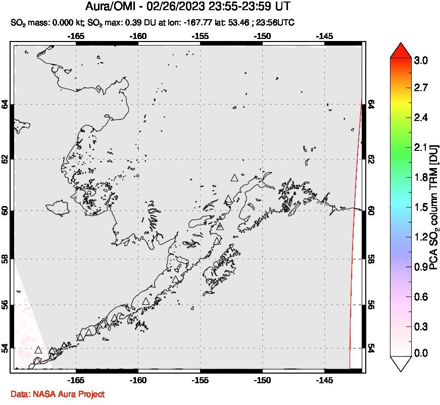 A sulfur dioxide image over Alaska, USA on Feb 26, 2023.