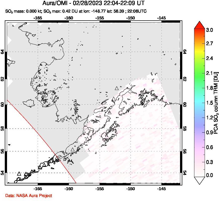 A sulfur dioxide image over Alaska, USA on Feb 28, 2023.