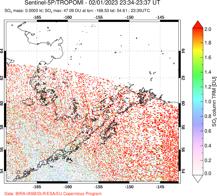 A sulfur dioxide image over Alaska, USA on Feb 01, 2023.