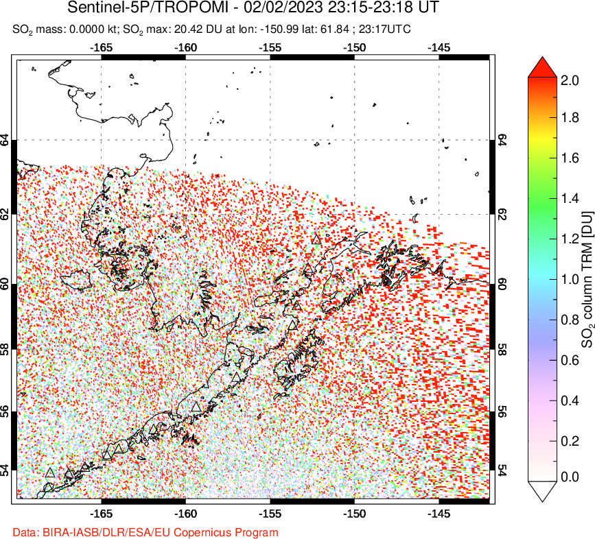 A sulfur dioxide image over Alaska, USA on Feb 02, 2023.