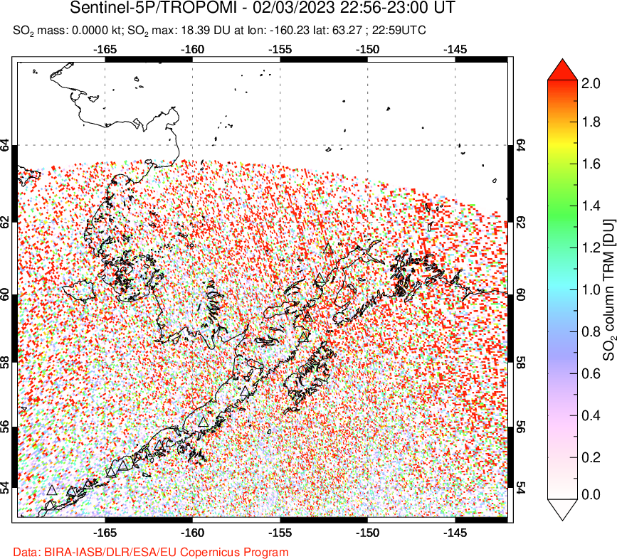 A sulfur dioxide image over Alaska, USA on Feb 03, 2023.