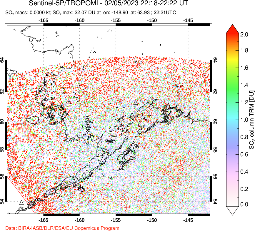A sulfur dioxide image over Alaska, USA on Feb 05, 2023.