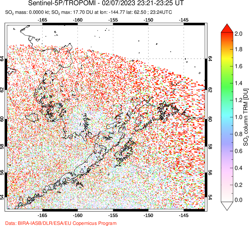 A sulfur dioxide image over Alaska, USA on Feb 07, 2023.
