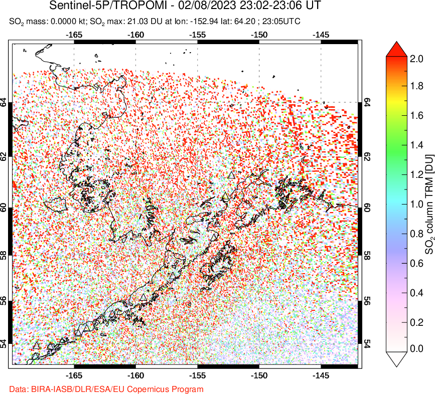 A sulfur dioxide image over Alaska, USA on Feb 08, 2023.