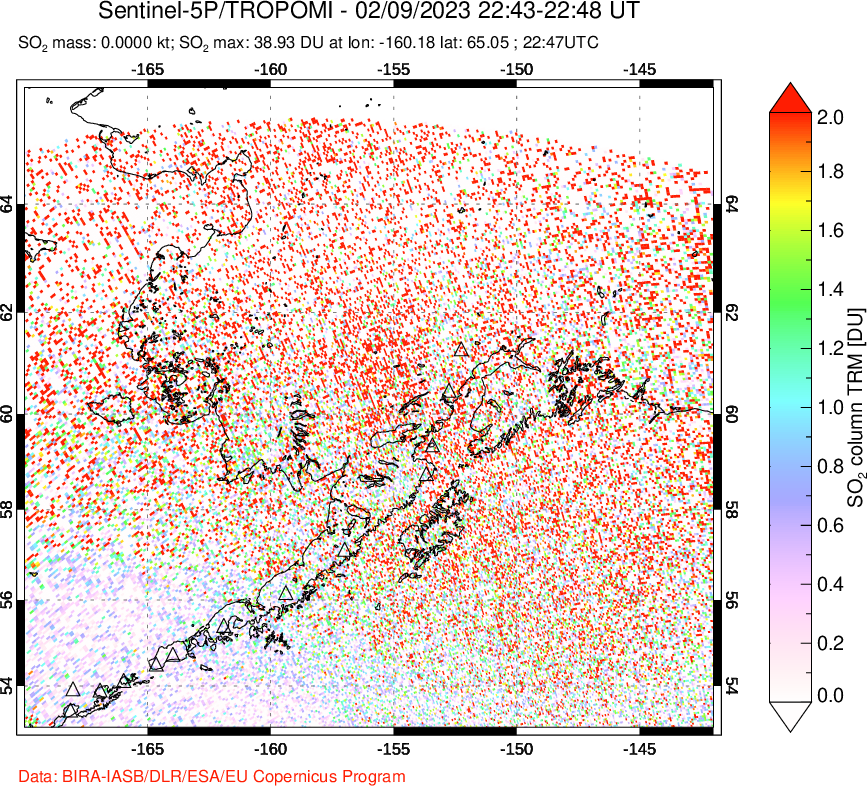 A sulfur dioxide image over Alaska, USA on Feb 09, 2023.