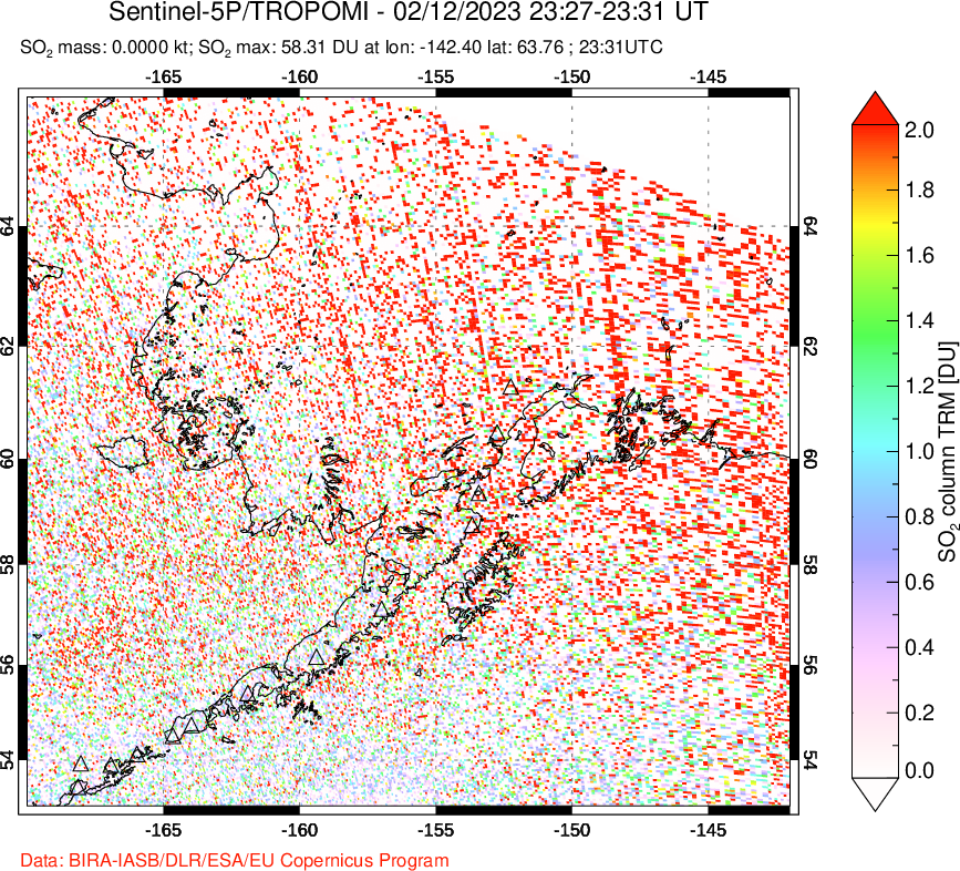 A sulfur dioxide image over Alaska, USA on Feb 12, 2023.