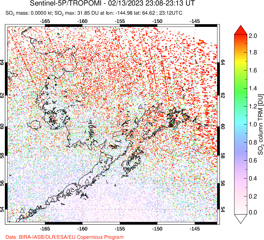 A sulfur dioxide image over Alaska, USA on Feb 13, 2023.