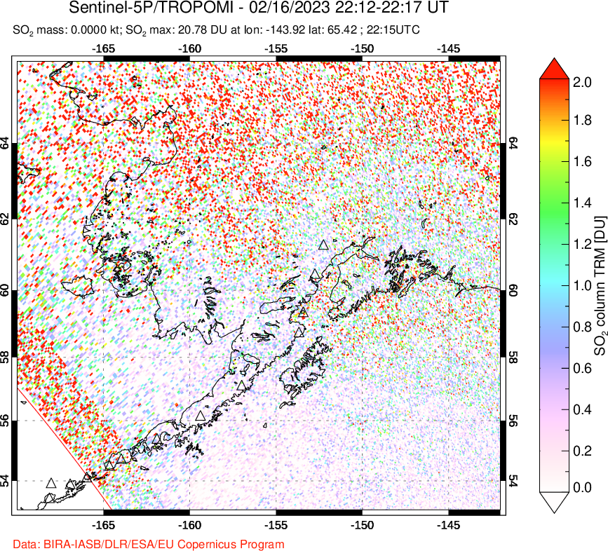 A sulfur dioxide image over Alaska, USA on Feb 16, 2023.