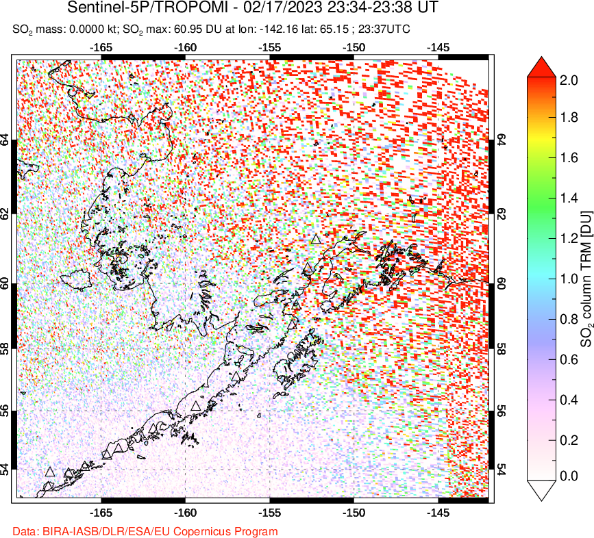 A sulfur dioxide image over Alaska, USA on Feb 17, 2023.