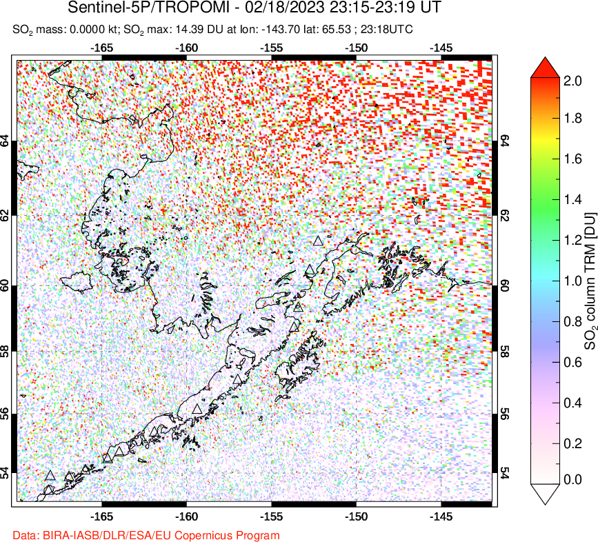 A sulfur dioxide image over Alaska, USA on Feb 18, 2023.