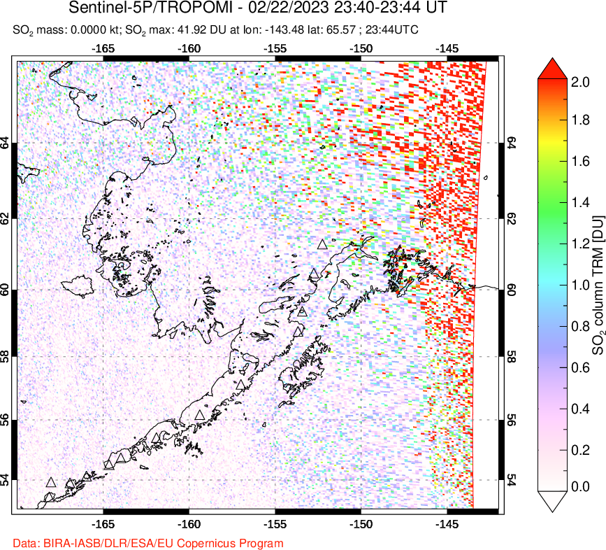 A sulfur dioxide image over Alaska, USA on Feb 22, 2023.
