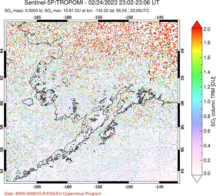 A sulfur dioxide image over Alaska, USA on Feb 24, 2023.