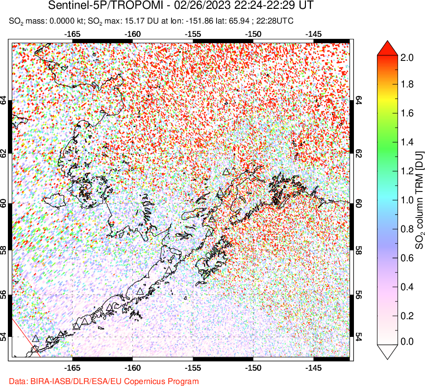 A sulfur dioxide image over Alaska, USA on Feb 26, 2023.