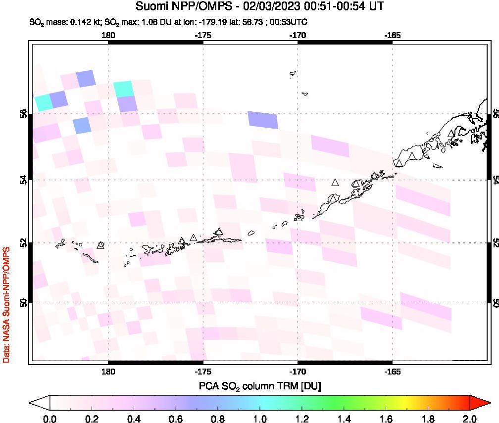 A sulfur dioxide image over Aleutian Islands, Alaska, USA on Feb 03, 2023.