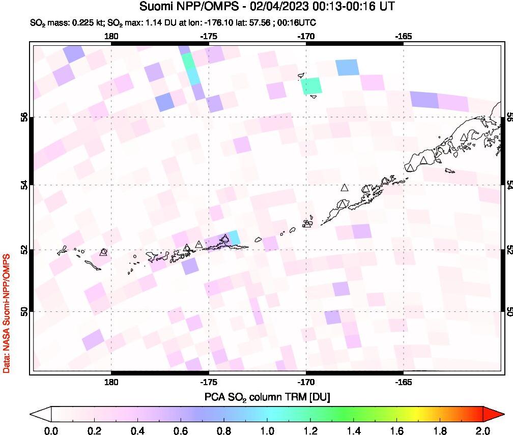 A sulfur dioxide image over Aleutian Islands, Alaska, USA on Feb 04, 2023.