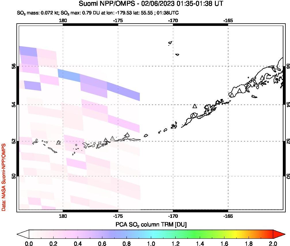 A sulfur dioxide image over Aleutian Islands, Alaska, USA on Feb 06, 2023.