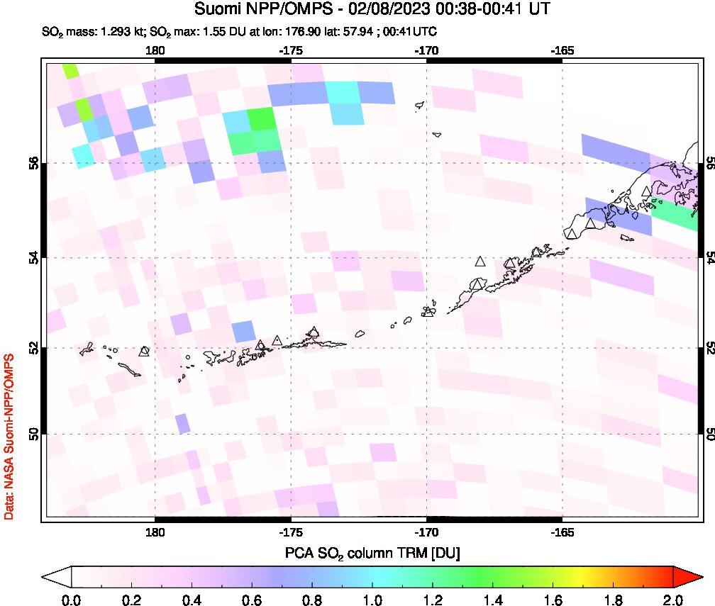 A sulfur dioxide image over Aleutian Islands, Alaska, USA on Feb 08, 2023.