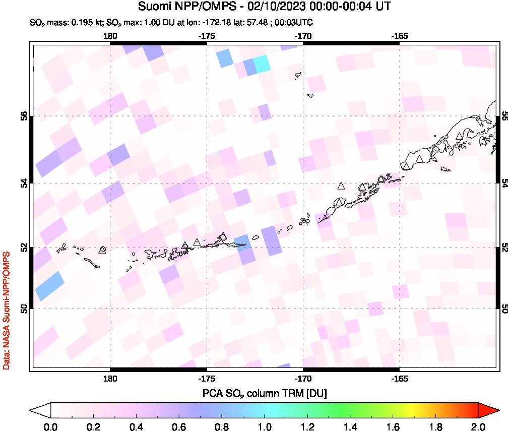A sulfur dioxide image over Aleutian Islands, Alaska, USA on Feb 10, 2023.