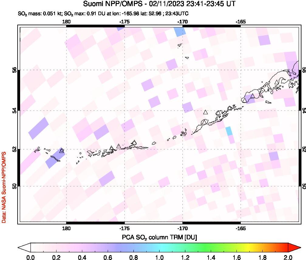 A sulfur dioxide image over Aleutian Islands, Alaska, USA on Feb 11, 2023.