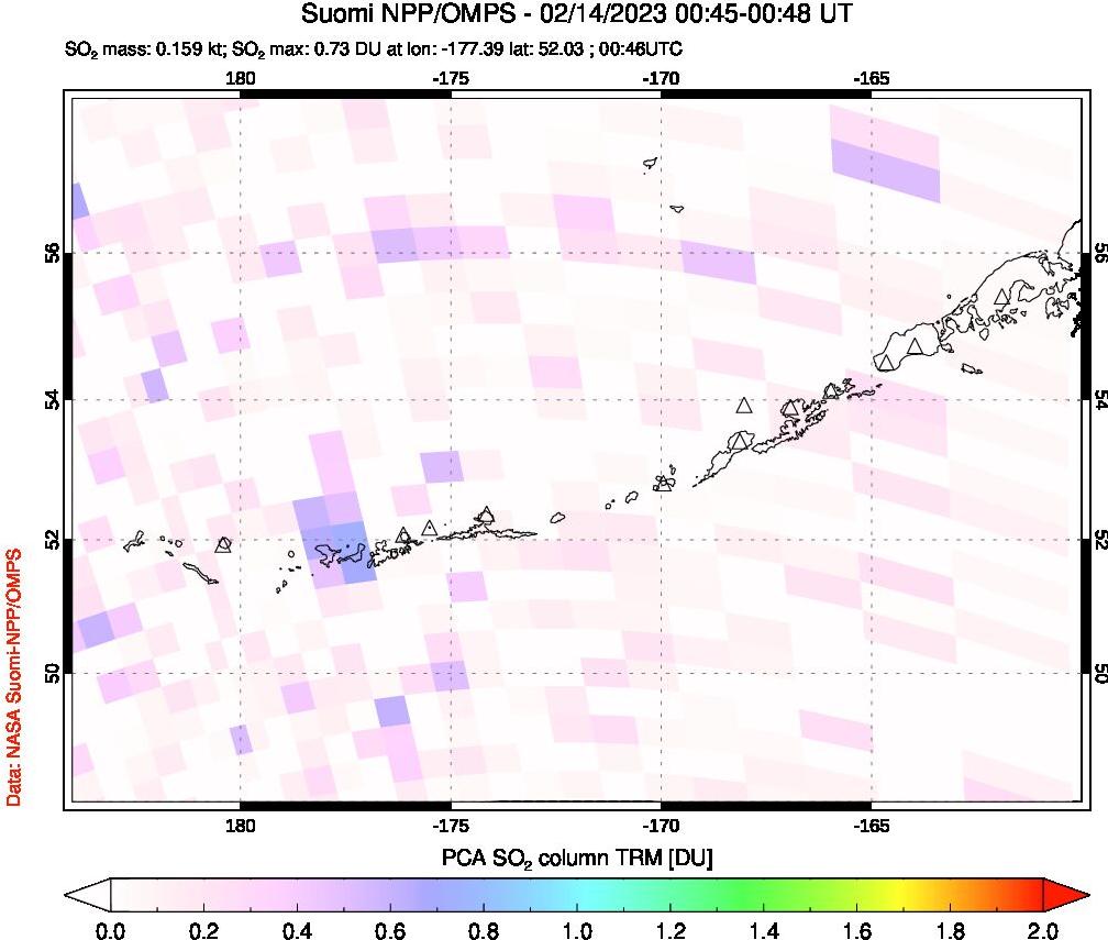A sulfur dioxide image over Aleutian Islands, Alaska, USA on Feb 14, 2023.