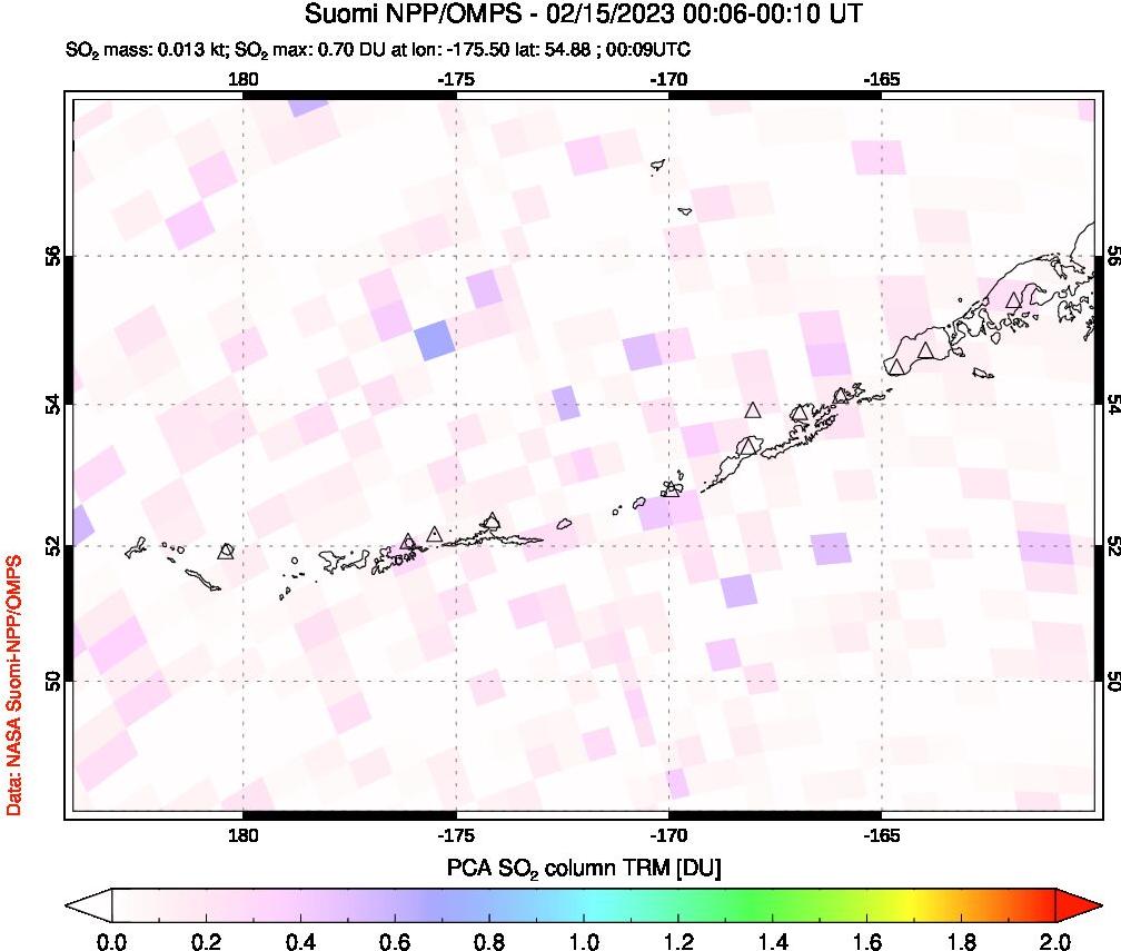 A sulfur dioxide image over Aleutian Islands, Alaska, USA on Feb 15, 2023.