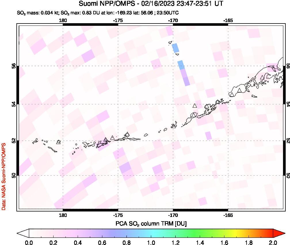 A sulfur dioxide image over Aleutian Islands, Alaska, USA on Feb 16, 2023.