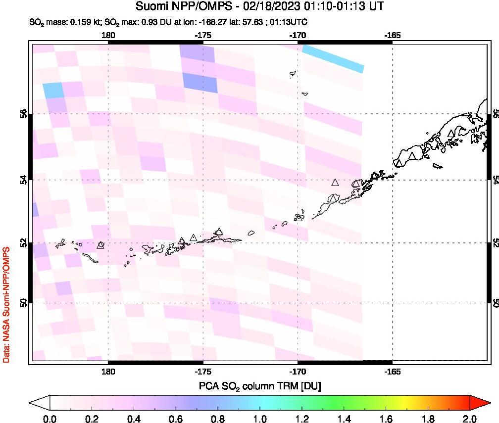 A sulfur dioxide image over Aleutian Islands, Alaska, USA on Feb 18, 2023.