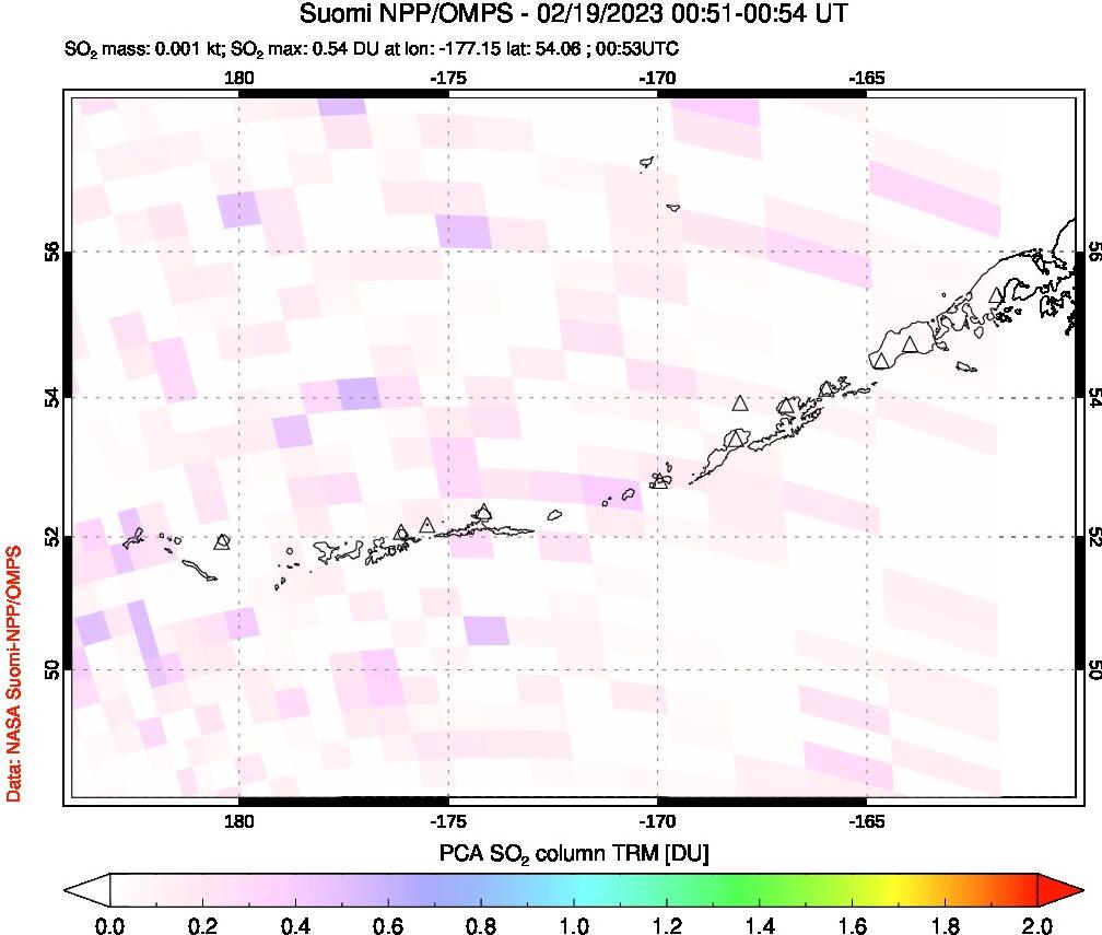 A sulfur dioxide image over Aleutian Islands, Alaska, USA on Feb 19, 2023.
