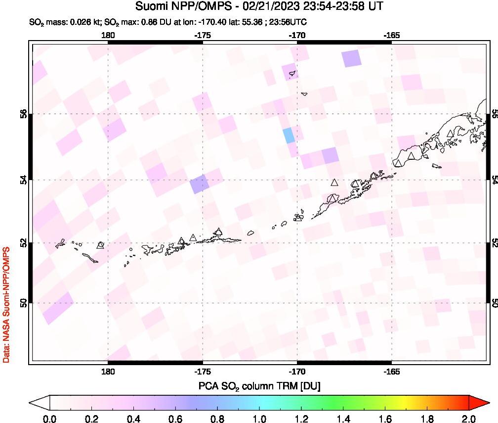A sulfur dioxide image over Aleutian Islands, Alaska, USA on Feb 21, 2023.