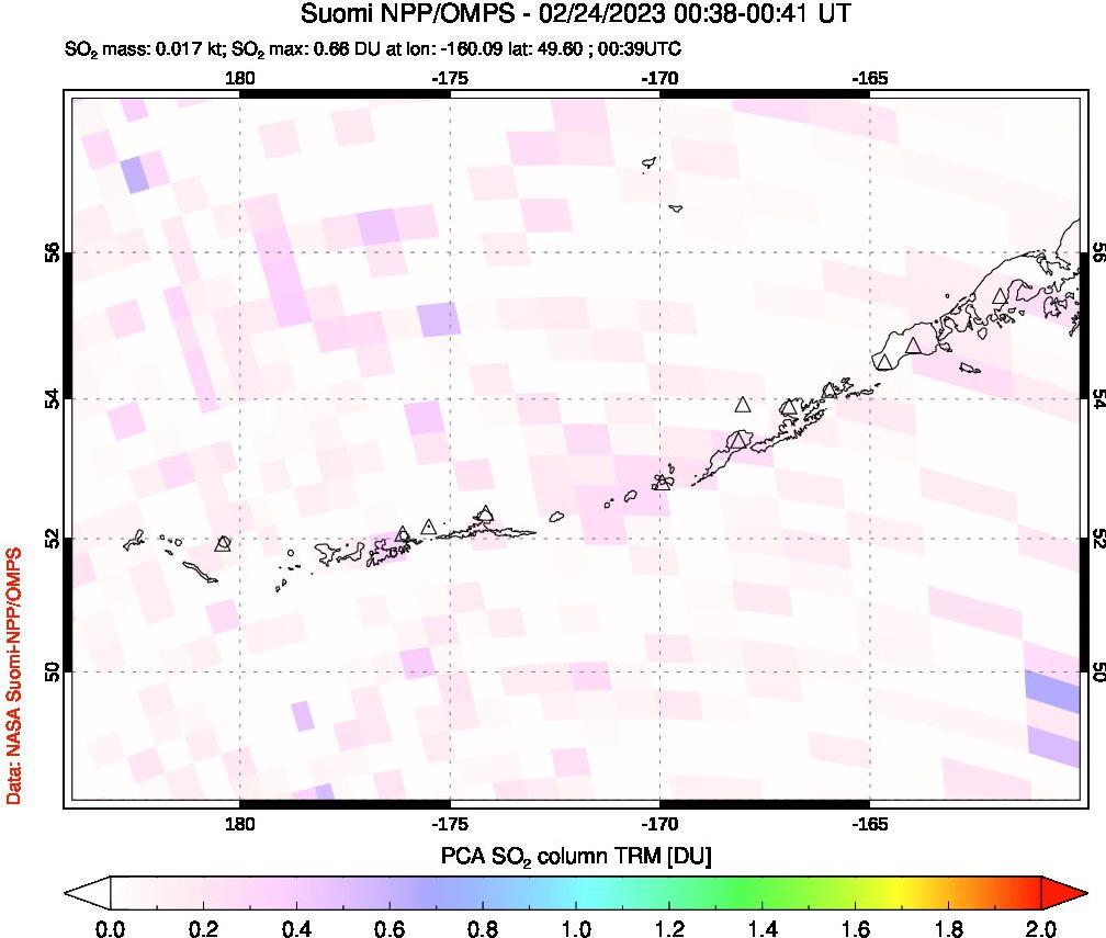 A sulfur dioxide image over Aleutian Islands, Alaska, USA on Feb 24, 2023.