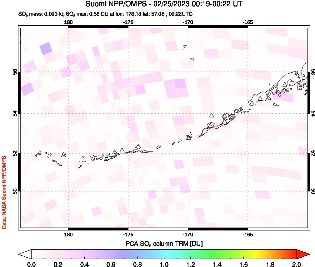 A sulfur dioxide image over Aleutian Islands, Alaska, USA on Feb 25, 2023.