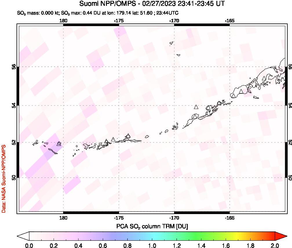 A sulfur dioxide image over Aleutian Islands, Alaska, USA on Feb 27, 2023.