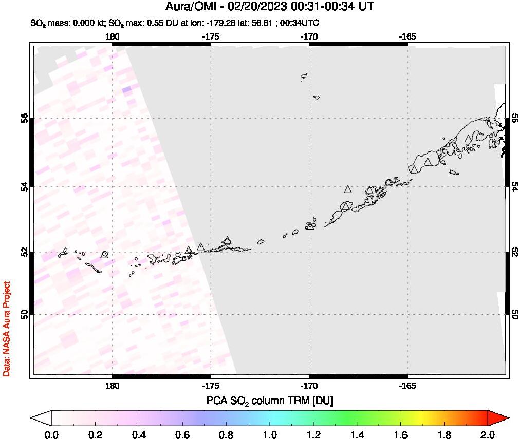 A sulfur dioxide image over Aleutian Islands, Alaska, USA on Feb 20, 2023.