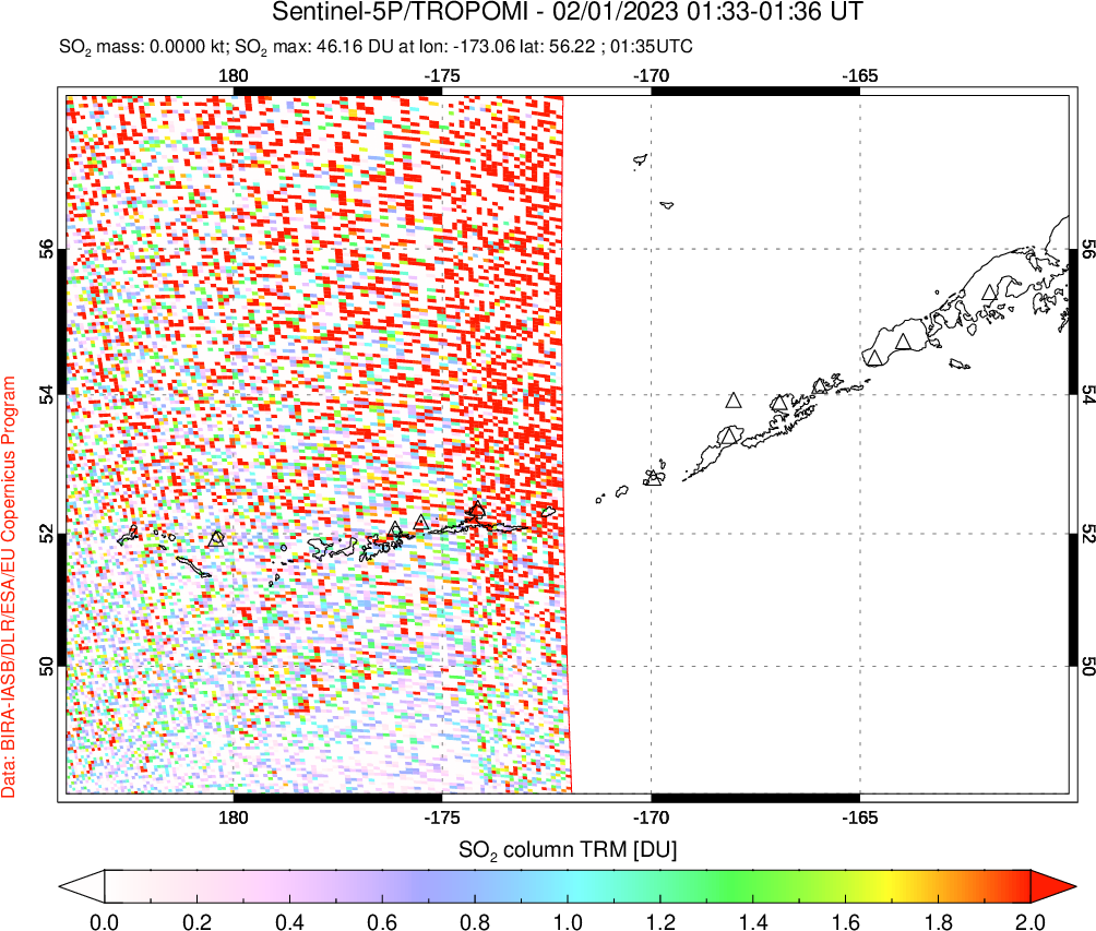 A sulfur dioxide image over Aleutian Islands, Alaska, USA on Feb 01, 2023.