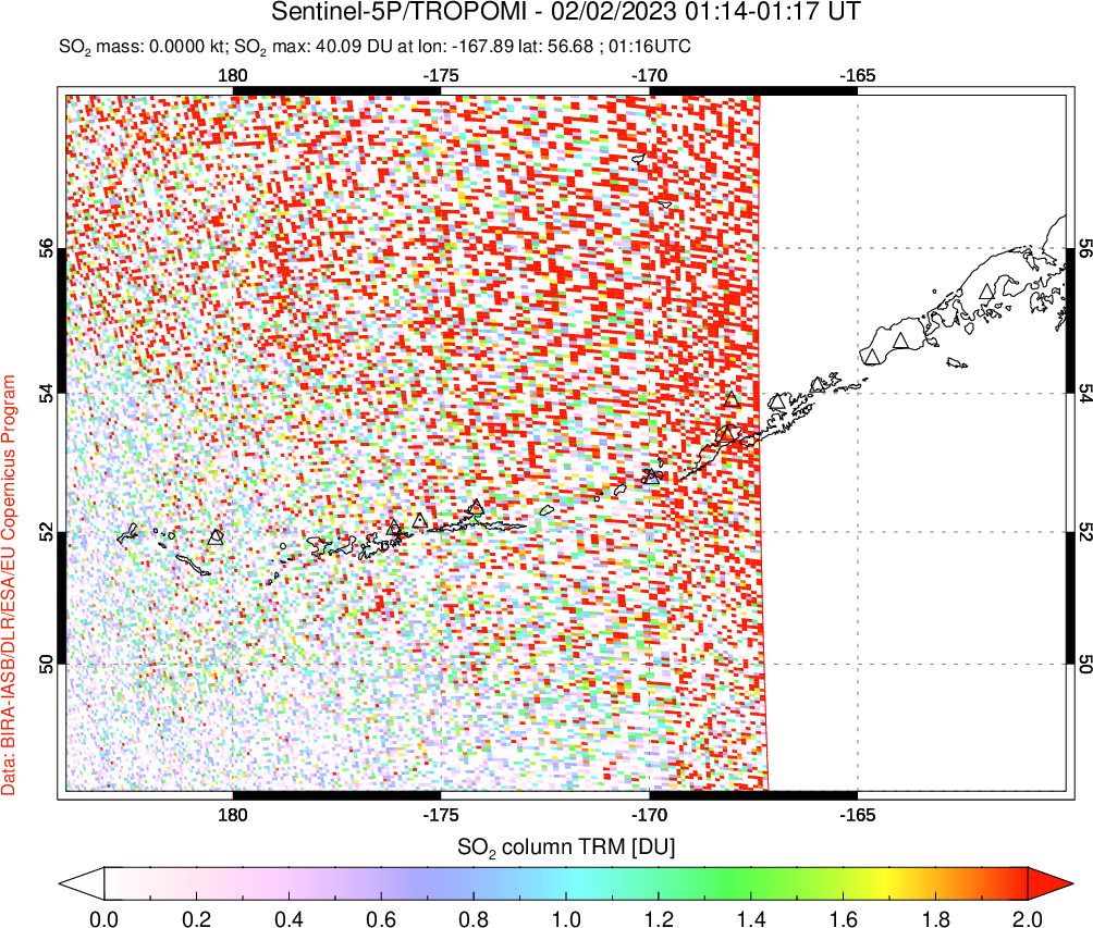 A sulfur dioxide image over Aleutian Islands, Alaska, USA on Feb 02, 2023.