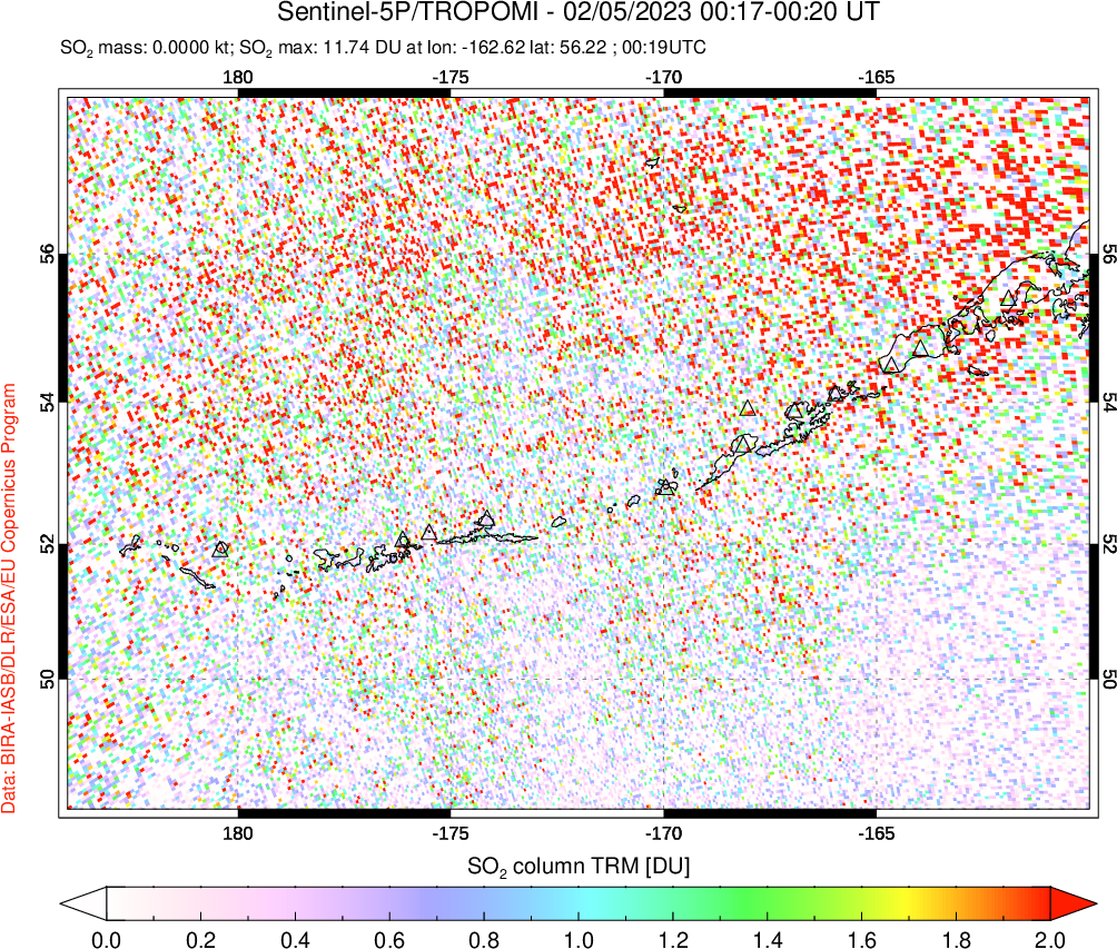 A sulfur dioxide image over Aleutian Islands, Alaska, USA on Feb 05, 2023.