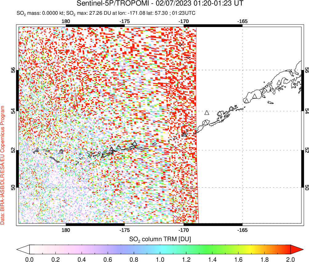 A sulfur dioxide image over Aleutian Islands, Alaska, USA on Feb 07, 2023.