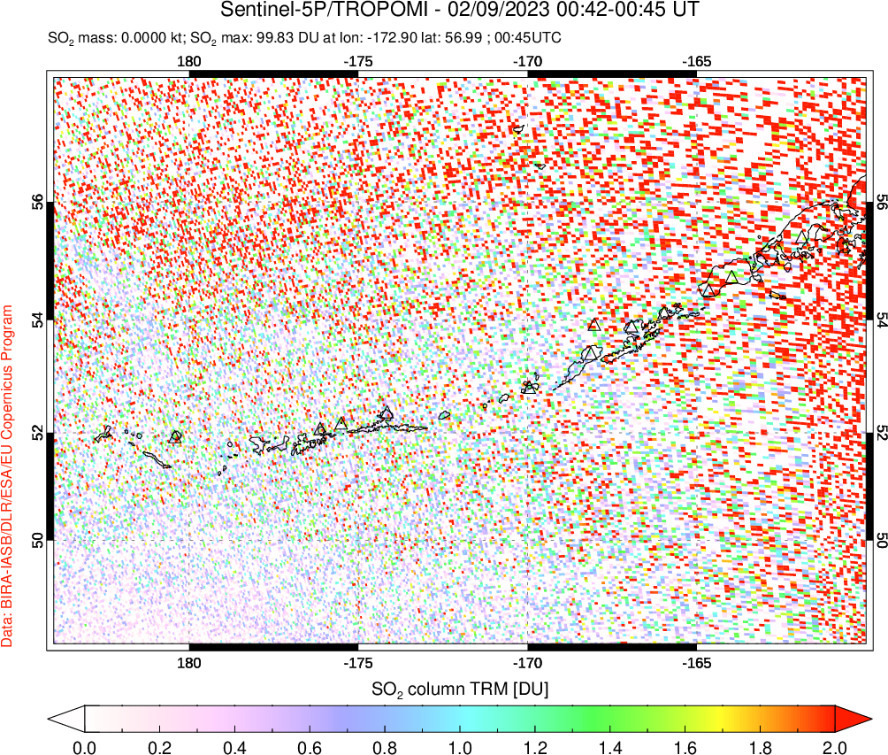 A sulfur dioxide image over Aleutian Islands, Alaska, USA on Feb 09, 2023.