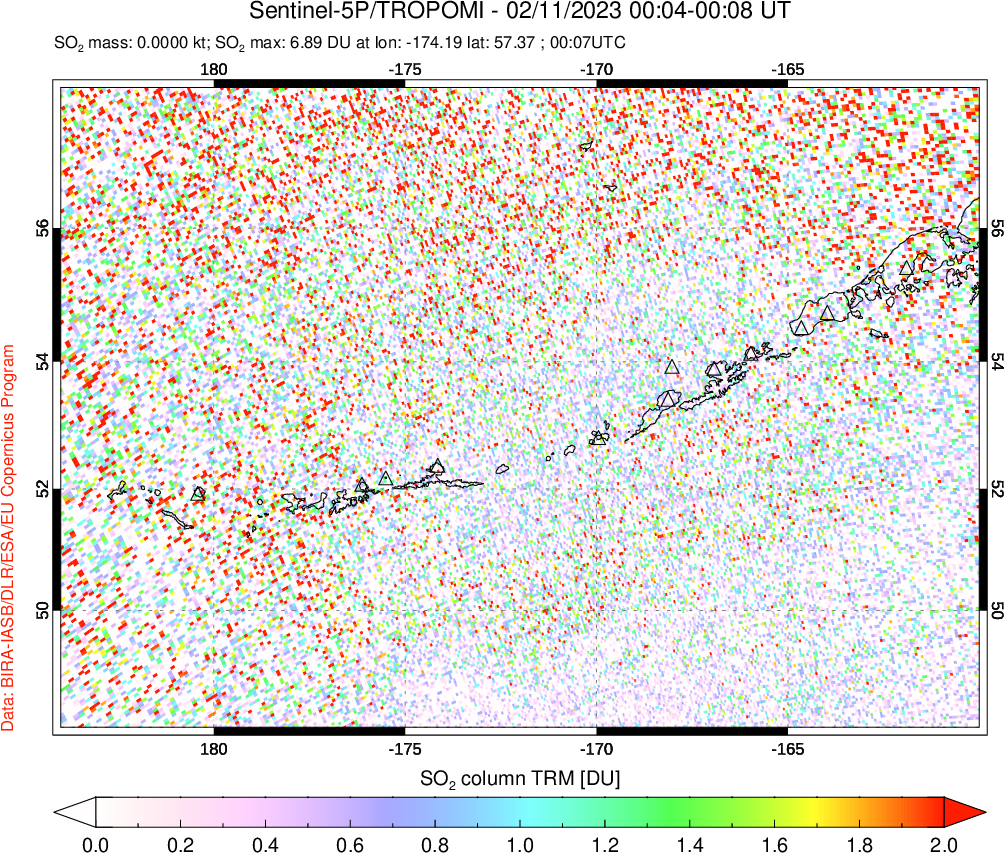 A sulfur dioxide image over Aleutian Islands, Alaska, USA on Feb 11, 2023.