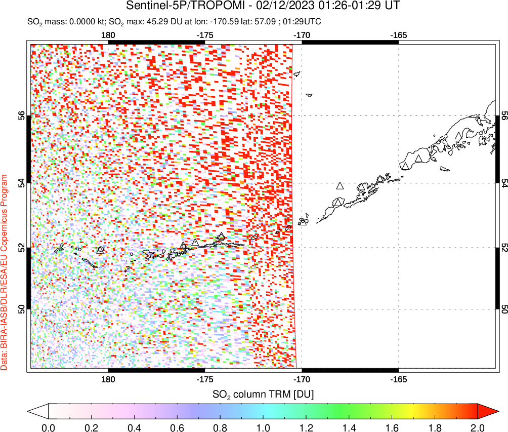 A sulfur dioxide image over Aleutian Islands, Alaska, USA on Feb 12, 2023.