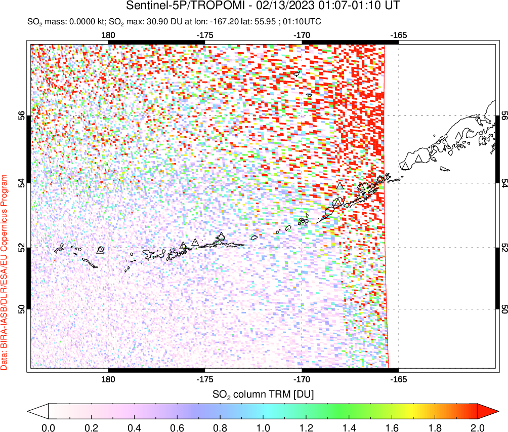 A sulfur dioxide image over Aleutian Islands, Alaska, USA on Feb 13, 2023.