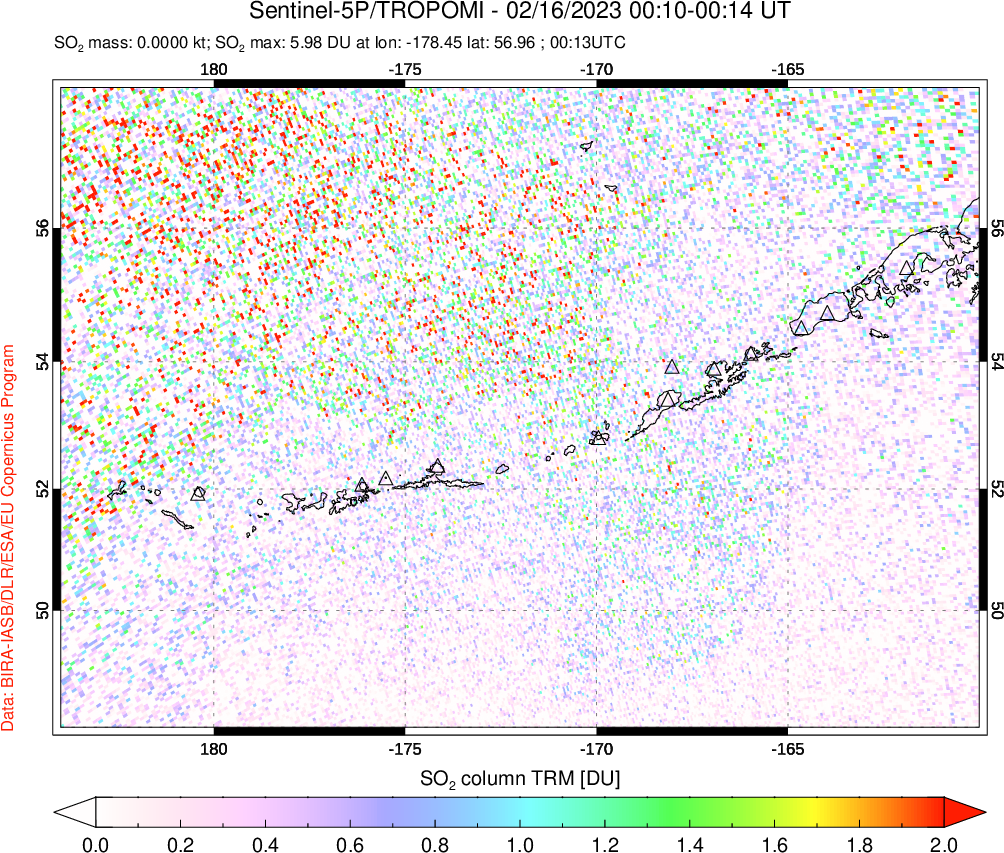 A sulfur dioxide image over Aleutian Islands, Alaska, USA on Feb 16, 2023.